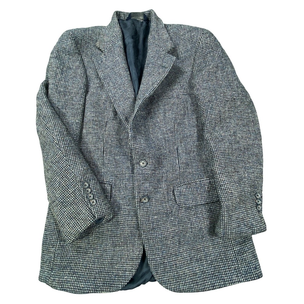 Vintage Lands End Harris Tweed Wool Sports Coat Blazer Men 40R Gray Birdseye USA